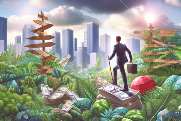Man holding briefcase stood on top of dollar bills in the jungle overlooking a cityscape in the background
